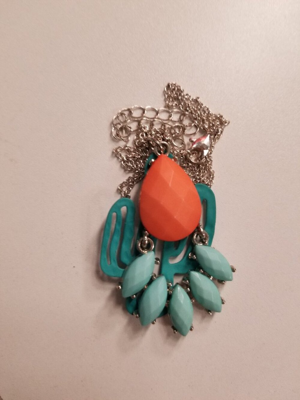 Teal Blue and Coral-Colored Teardrop/Cactus Reversible Necklace